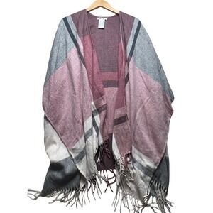 Three Dots Plaid Fringe Kimono Cardigan Wrap Scarf Shawl Boho Cashmere Wool